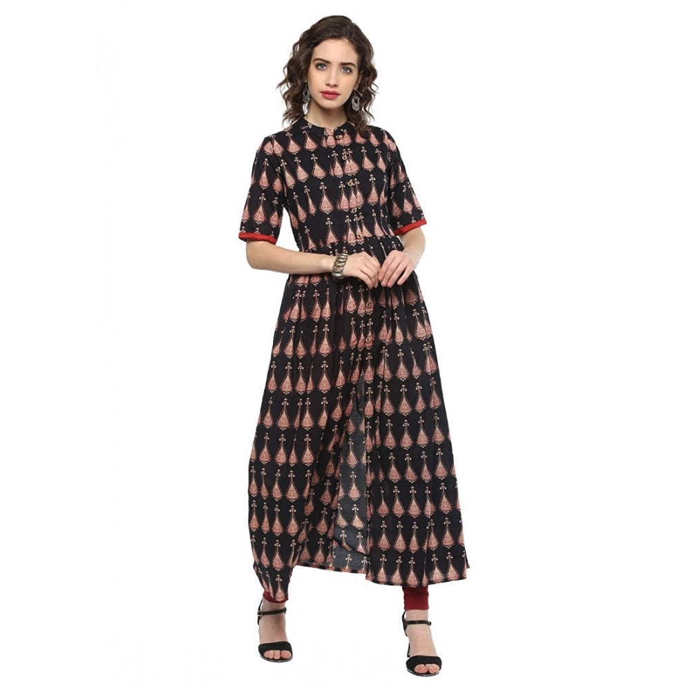 Generic Women's Cotton Printed Front Slit Kurti (Black, Cotton)