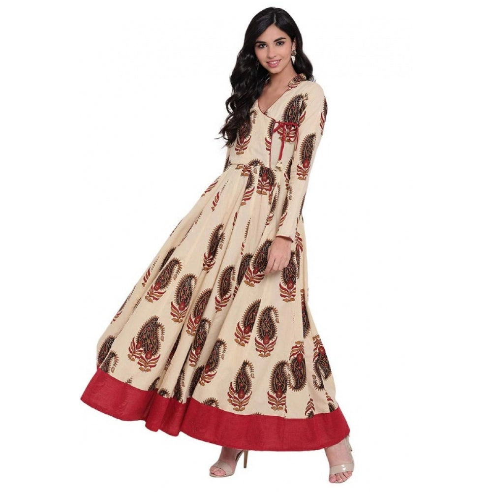 Generic Women's Cotton Printed Angrakha Kurti (Cream, Cotton)