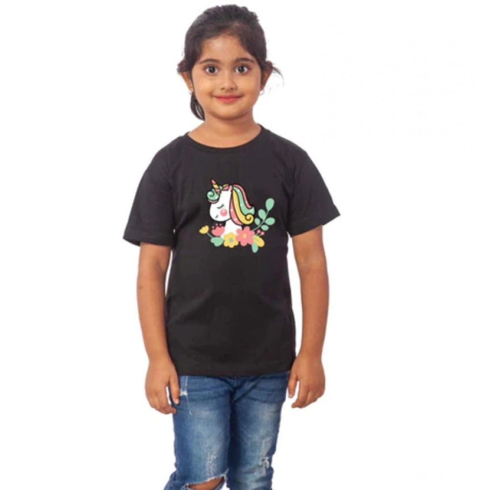 Generic Girls Cotton Unicorn Face Half Sleeve TShirt (Black)