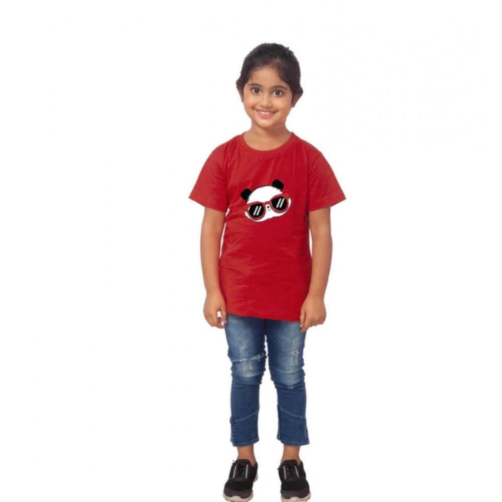 Girls Cotton Panda Glass Half Sleeve TShirt (Maroon)