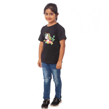 Generic Girls Cotton Unicorn Face Half Sleeve TShirt (Black)