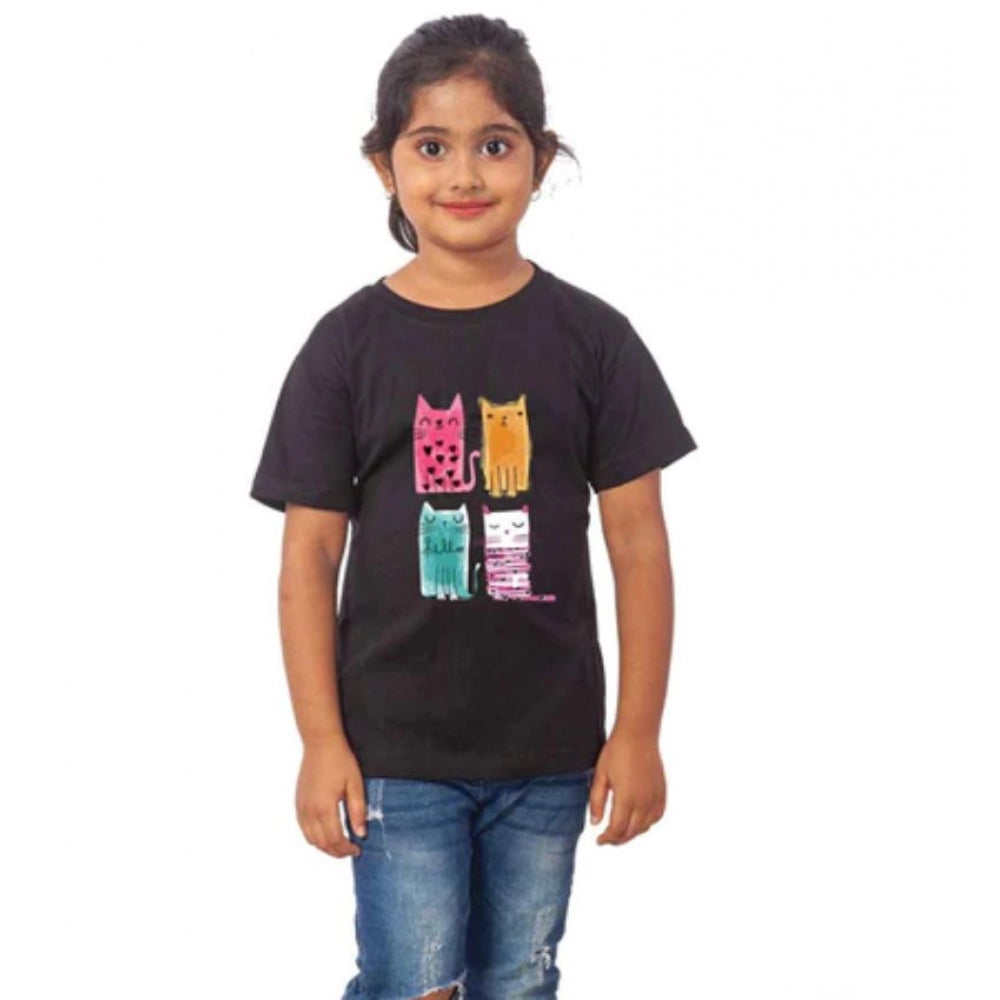 Generic Girls Cotton Cat Half Sleeve TShirt (Black)