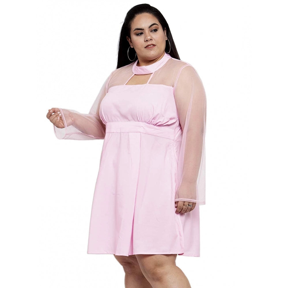 Women's Crepe Solid Knee Length Fit and Flare Dress (Pink)