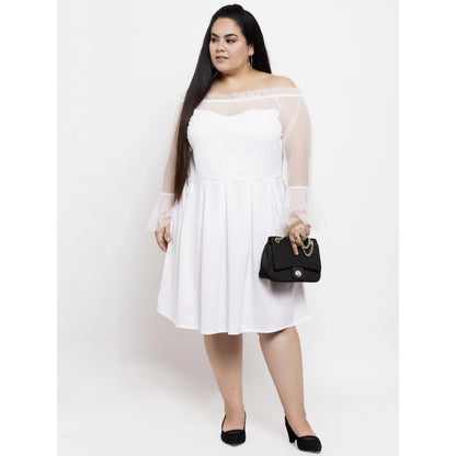 Women's Crepe Solid Knee Length Fit and Flare Dress (White)