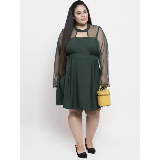 Women's Crepe Solid Knee Length Fit and Flare Dress (Green)