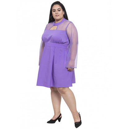 Women's Crepe Solid Knee Length Fit and Flare Dress (Purple)