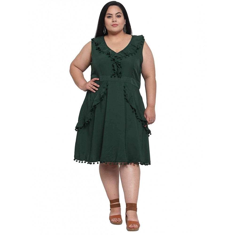 Women's Crepe Solid Knee Length Fit and Flare Dress (Botal Green)