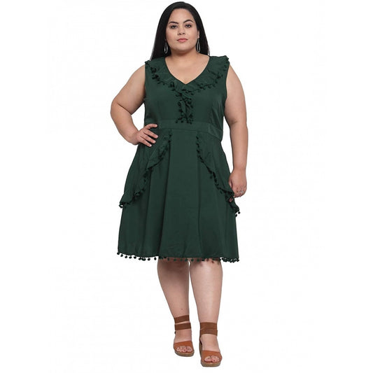 Women's Crepe Solid Knee Length Fit and Flare Dress (Botal Green)