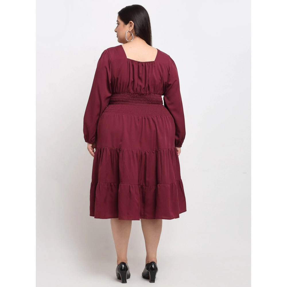 Women's Crepe Solid Knee Length Fit and Flare Dress (Maroon)