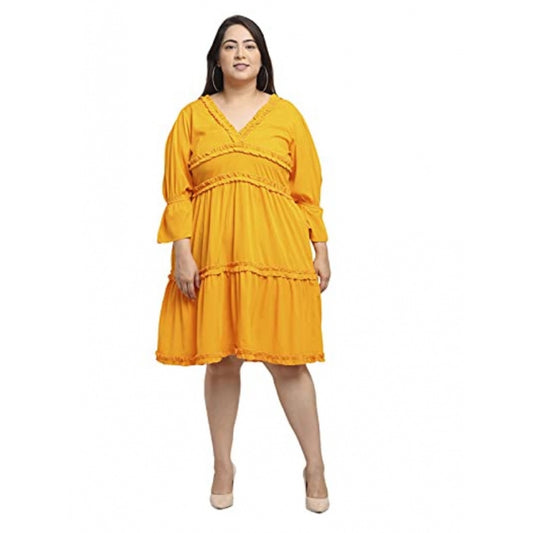 Women's Crepe Solid Knee Length Fit and Flare Dress (Yellow)