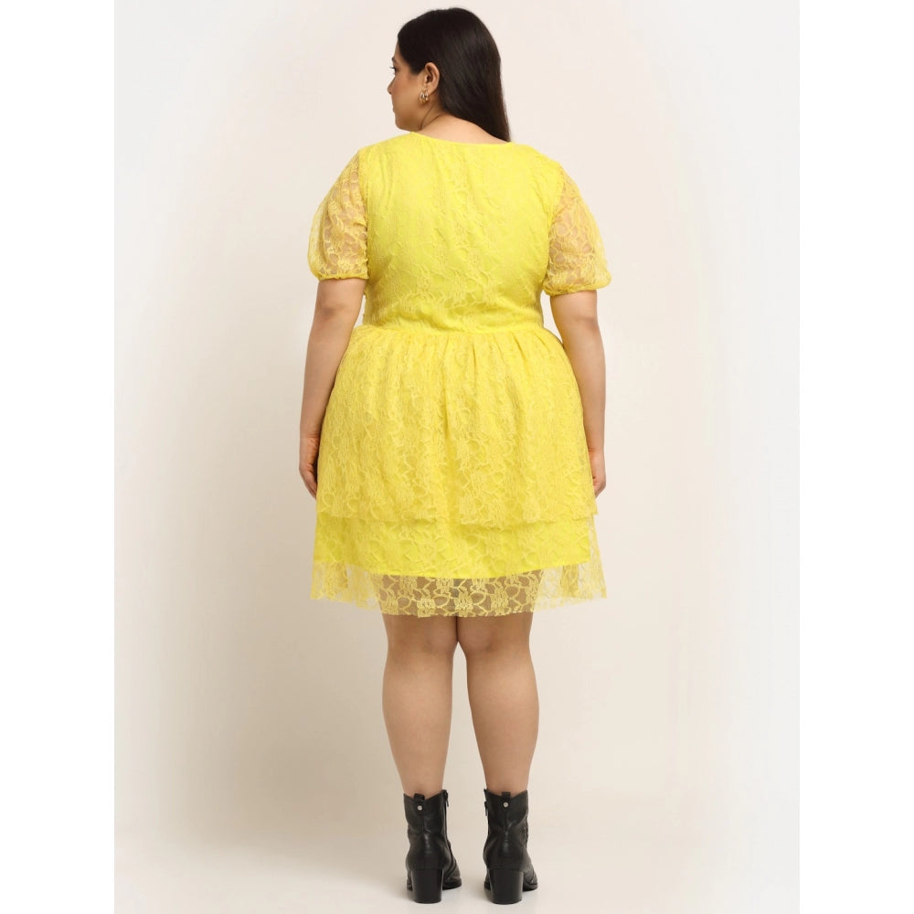 Women's Net Solid Knee Length Fit and Flare Dress (Yellow)