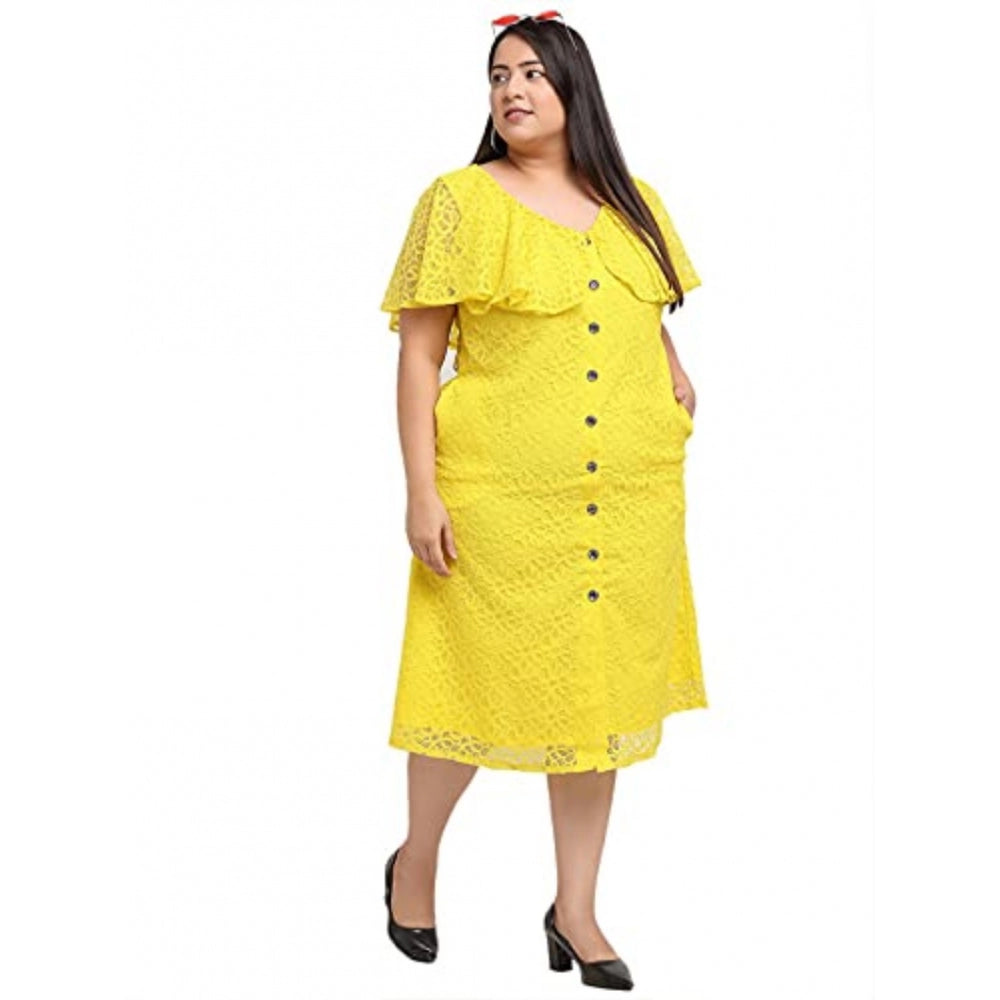 Women's Net Solid Knee Length Fit and Flare Dress (Yellow)