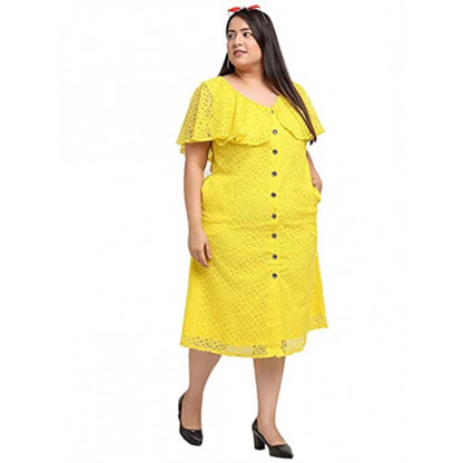 Women's Net Solid Knee Length Fit and Flare Dress (Yellow)