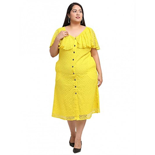 Women's Net Solid Knee Length Fit and Flare Dress (Yellow)