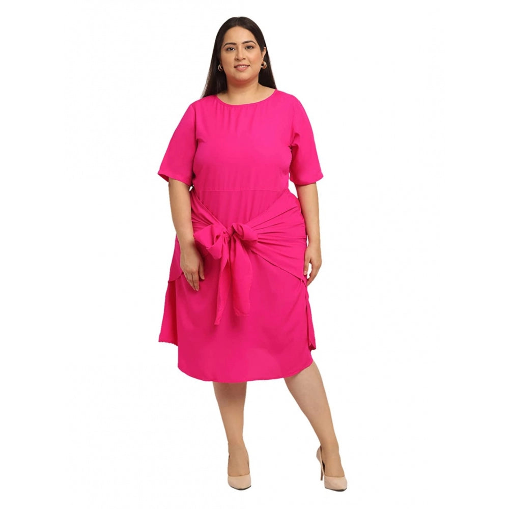 Women's Crepe Solid Knee Length Fit and Flare Dress (Pink)