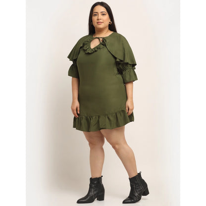 Women's Crepe Solid Knee Length Fit and Flare Dress (Olive Green)