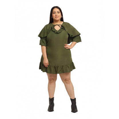 Women's Crepe Solid Knee Length Fit and Flare Dress (Olive Green)