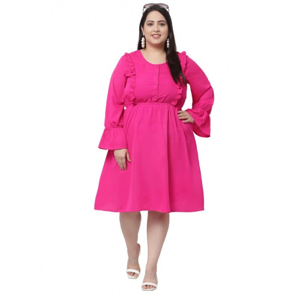 Women's Crepe Solid Knee Length Fit and Flare Dress (Pink)