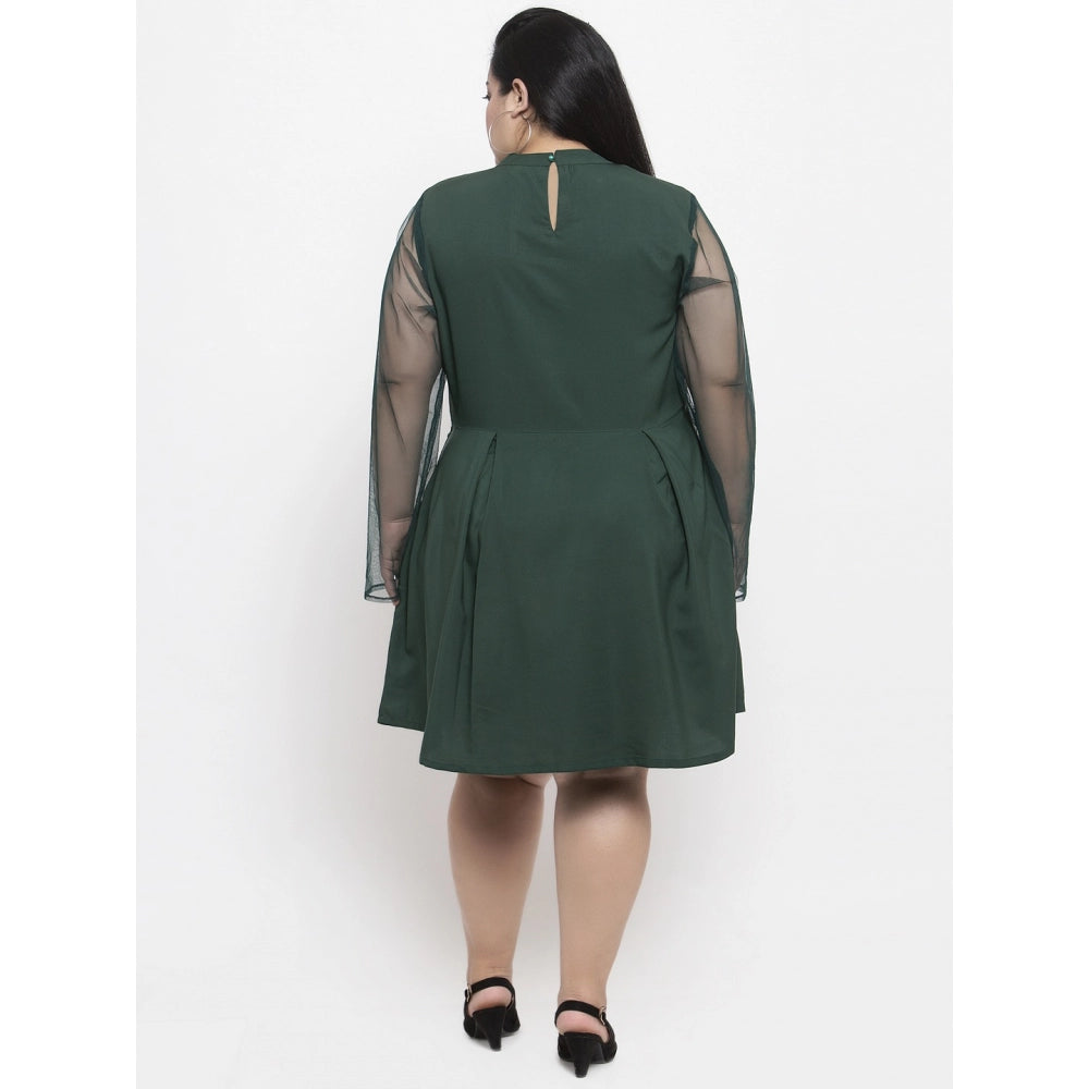 Women's Crepe Solid Knee Length Fit and Flare Dress (Green)