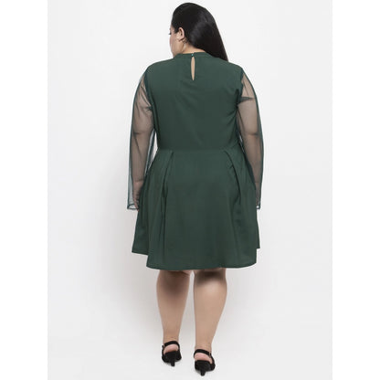 Women's Crepe Solid Knee Length Fit and Flare Dress (Green)