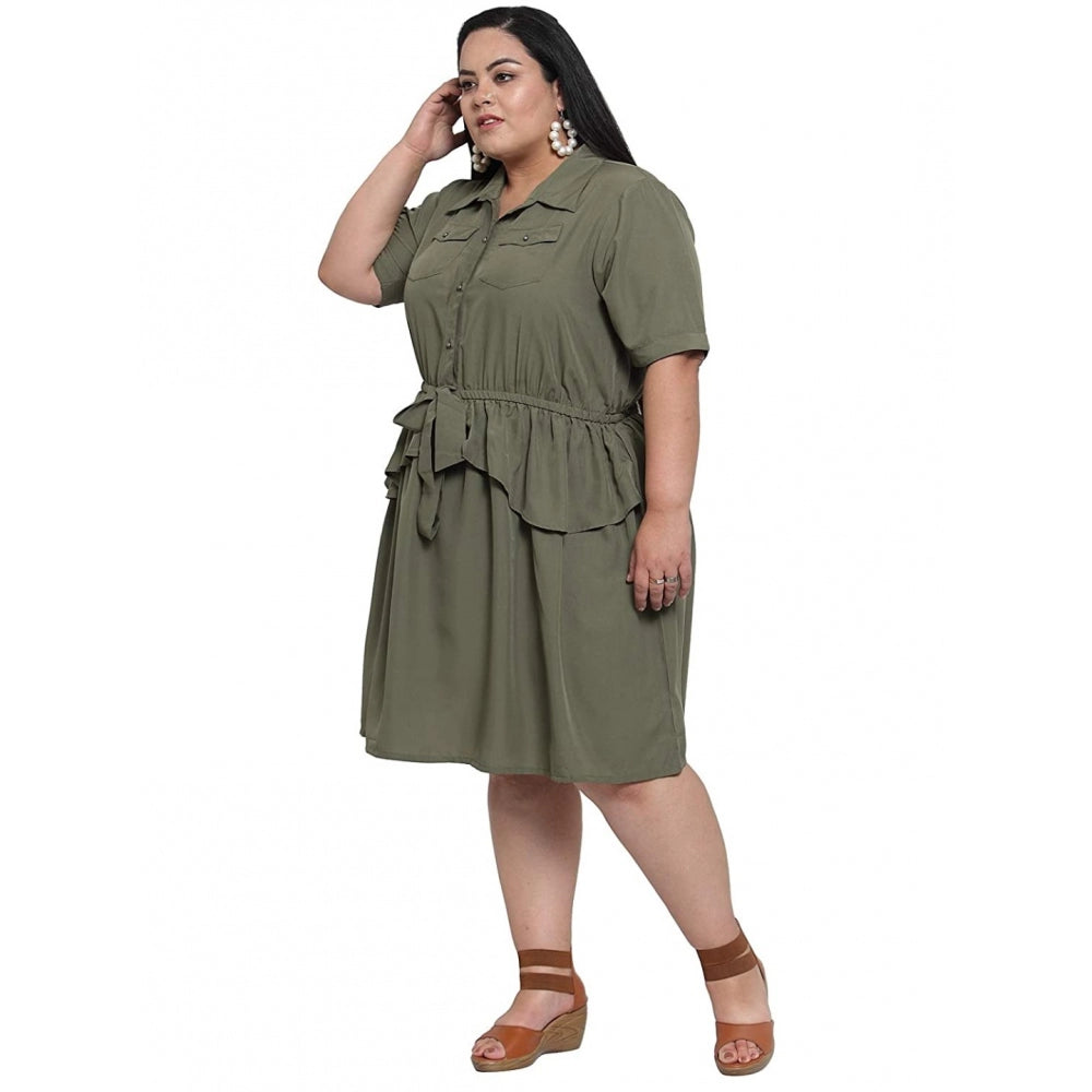 Women's Crepe Solid Knee Length Fit and Flare Dress (Olive Green)