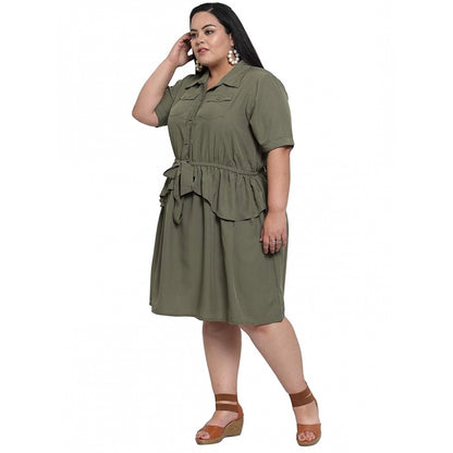 Women's Crepe Solid Knee Length Fit and Flare Dress (Olive Green)