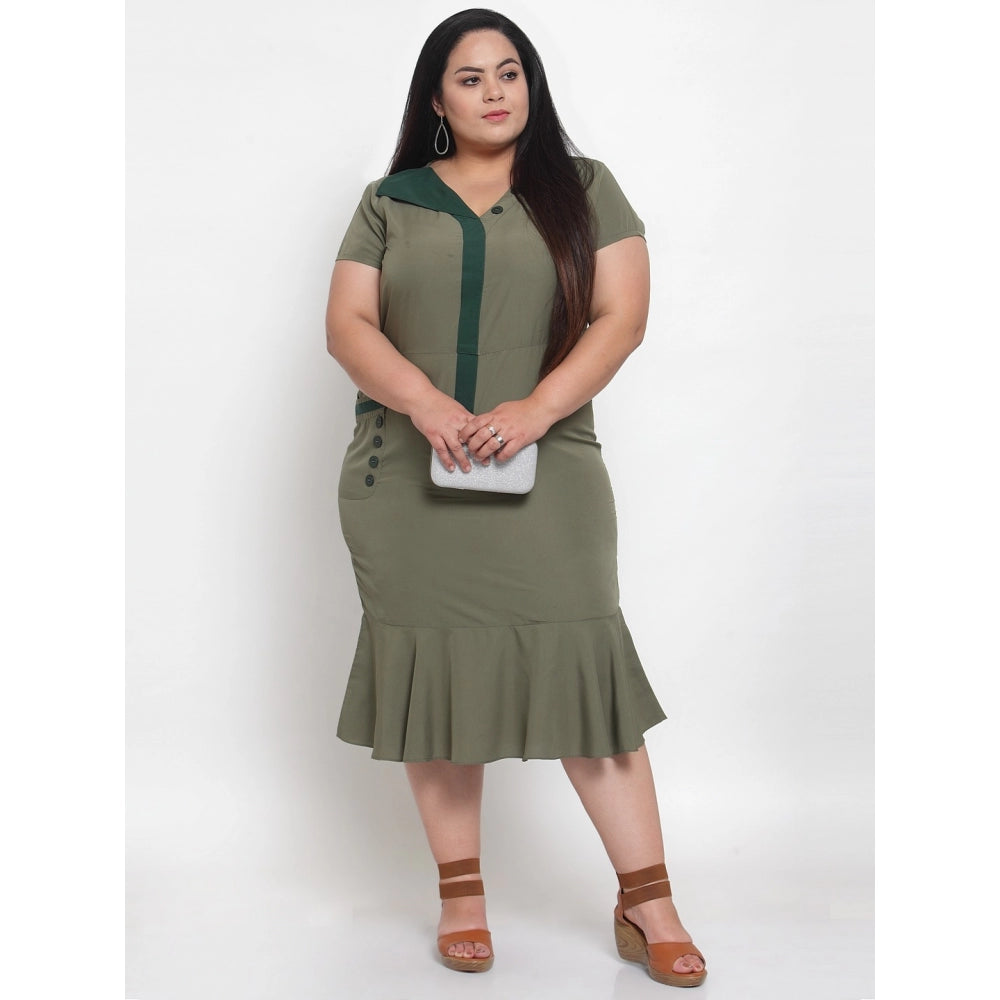 Women's Crepe Solid Knee Length Fit and Flare Dress (Olive Green)