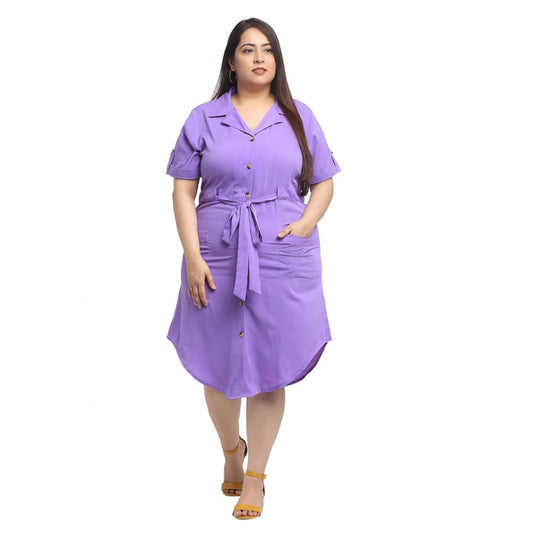 Women's Crepe Solid Knee Length Fit and Flare Dress (Purple)