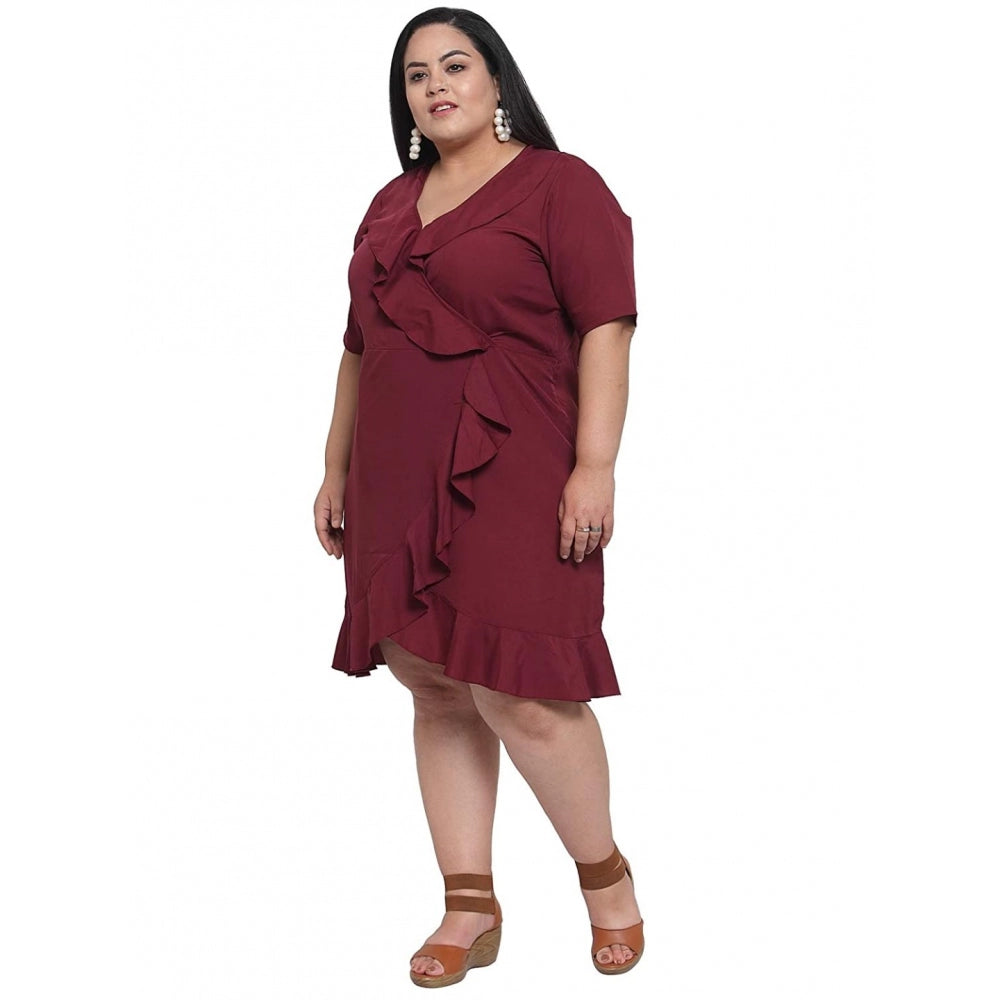 Women's Crepe Solid Knee Length Fit and Flare Dress (Maroon)