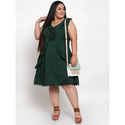 Women's Crepe Solid Knee Length Fit and Flare Dress (Botal Green)