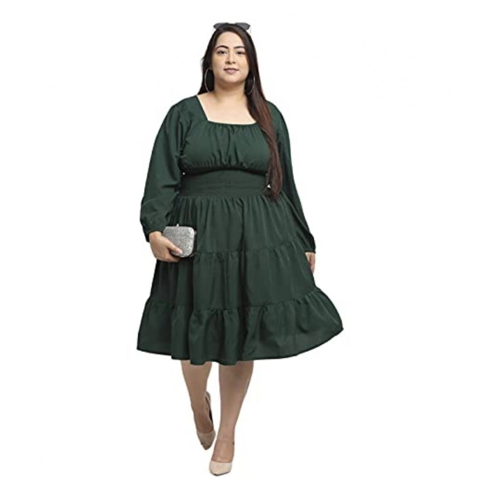 Women's Crepe Solid Knee Length Fit and Flare Dress (Bottle Green)