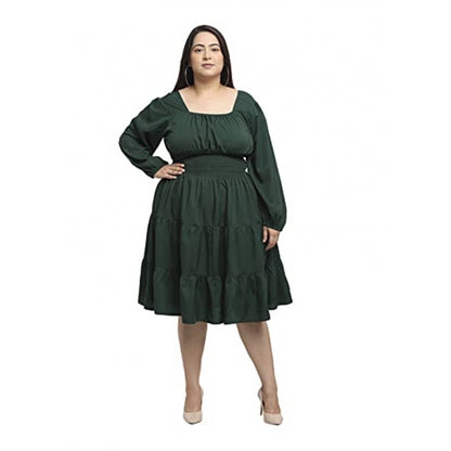 Women's Crepe Solid Knee Length Fit and Flare Dress (Bottle Green)