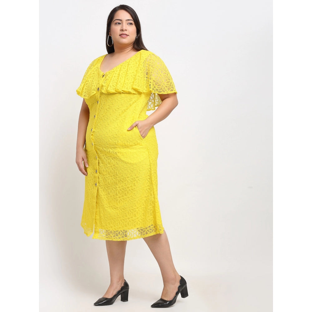 Women's Net Solid Knee Length Fit and Flare Dress (Yellow)