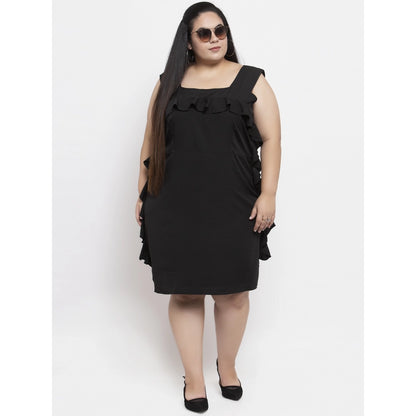 Women's Crepe Solid Knee Length Fit and Flare Dress (Black)