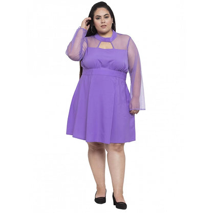 Women's Crepe Solid Knee Length Fit and Flare Dress (Purple)