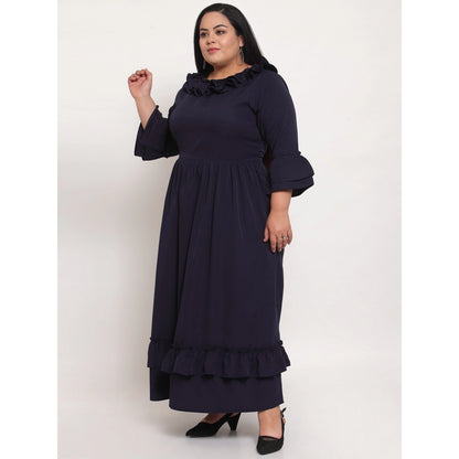 Women's Crepe Solid Full Length Fit and Flare Dress (Navy Blue)