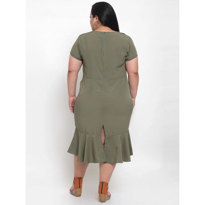 Women's Crepe Solid Knee Length Fit and Flare Dress (Olive Green)