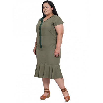 Women's Crepe Solid Knee Length Fit and Flare Dress (Olive Green)