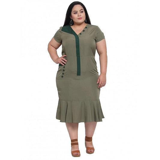 Women's Crepe Solid Knee Length Fit and Flare Dress (Olive Green)