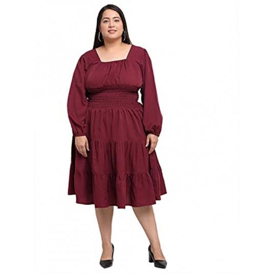 Women's Crepe Solid Knee Length Fit and Flare Dress (Maroon)