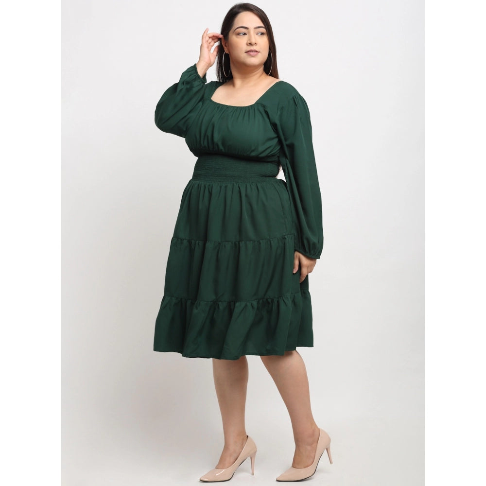 Women's Crepe Solid Knee Length Fit and Flare Dress (Bottle Green)