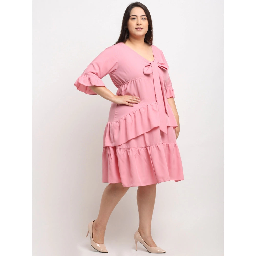 Women's Crepe Solid Knee Length Fit and Flare Dress (Pink)