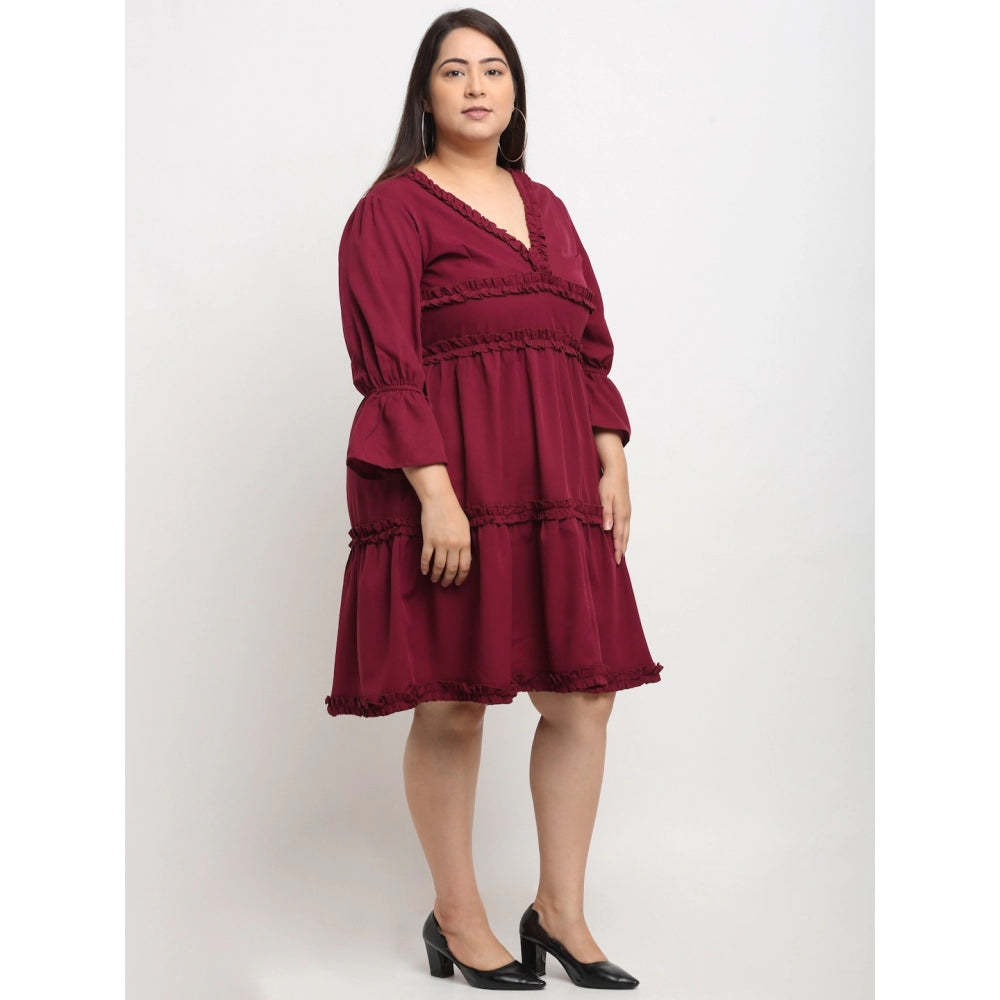 Women's Crepe Solid Knee Length Fit and Flare Dress (Maroon)