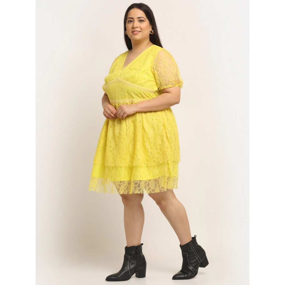 Women's Net Solid Knee Length Fit and Flare Dress (Yellow)