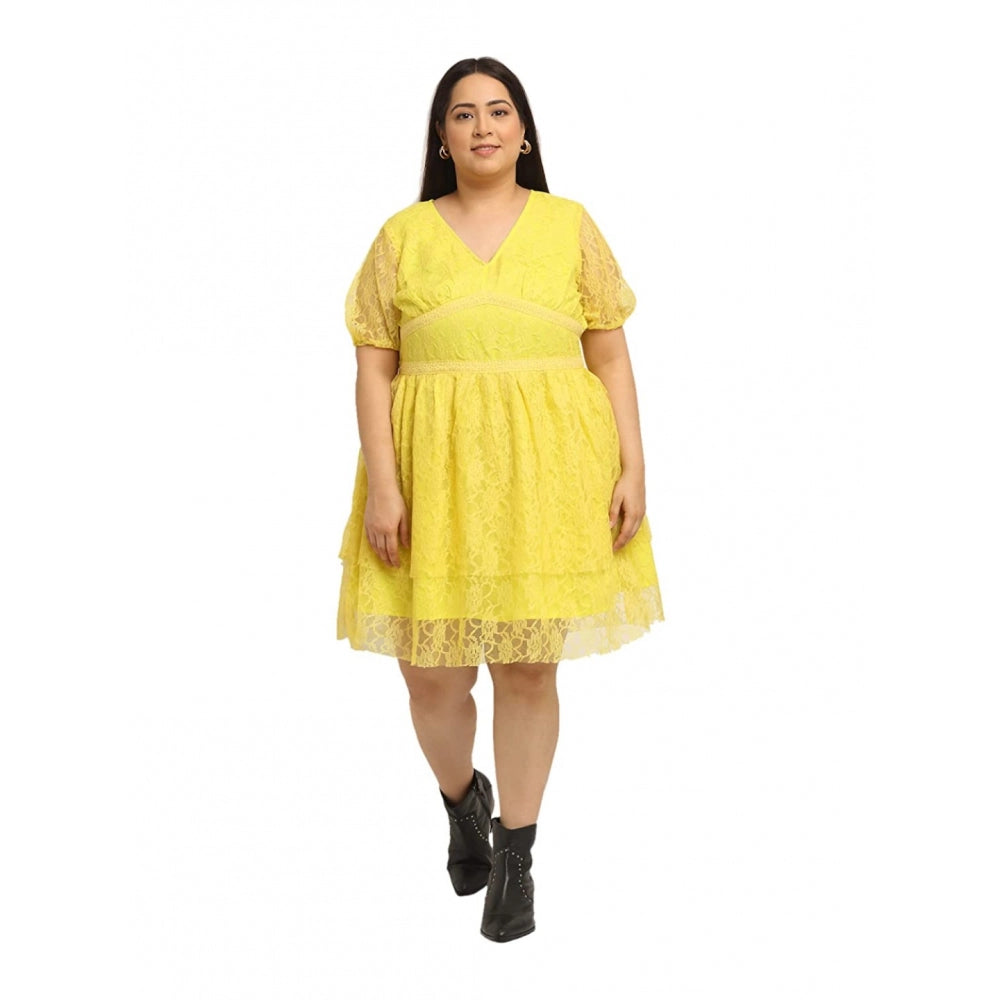 Women's Net Solid Knee Length Fit and Flare Dress (Yellow)