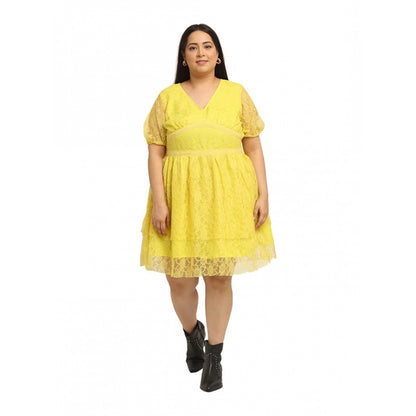 Women's Net Solid Knee Length Fit and Flare Dress (Yellow)