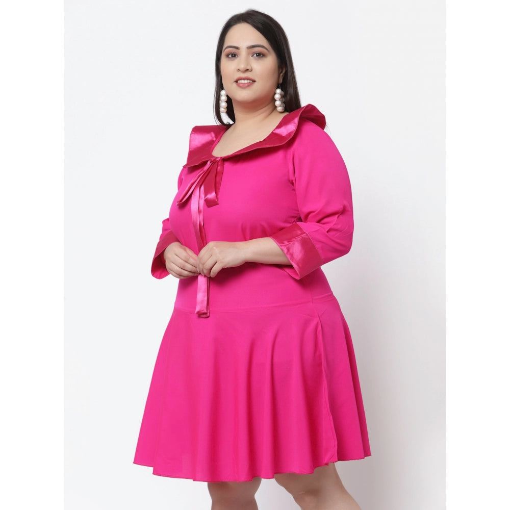 Women's Crepe Solid Knee Length Fit and Flare Dress (Pink)