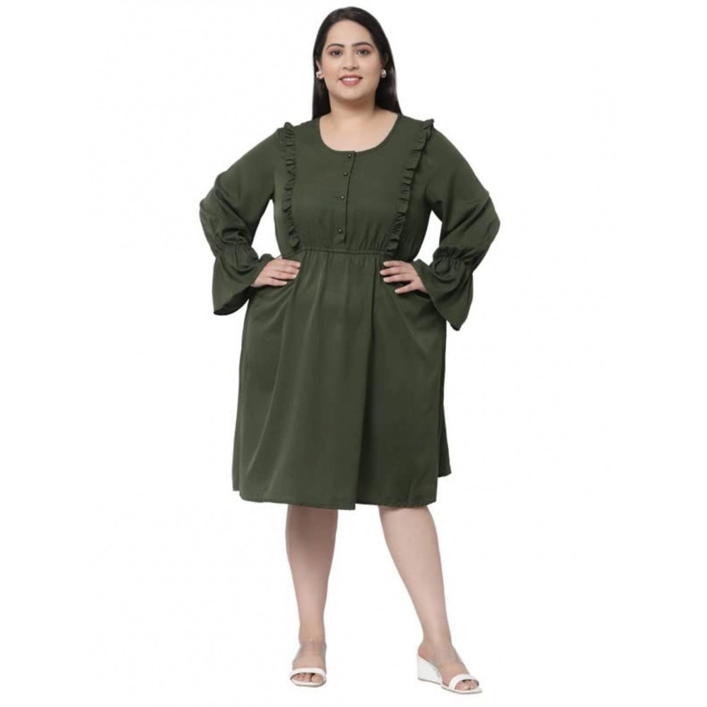 Women's Crepe Solid Knee Length Fit and Flare Dress (Botal Green)