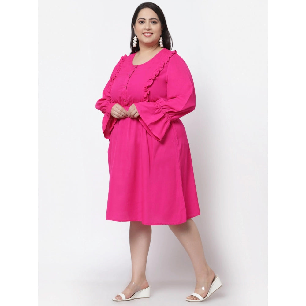 Women's Crepe Solid Knee Length Fit and Flare Dress (Pink)