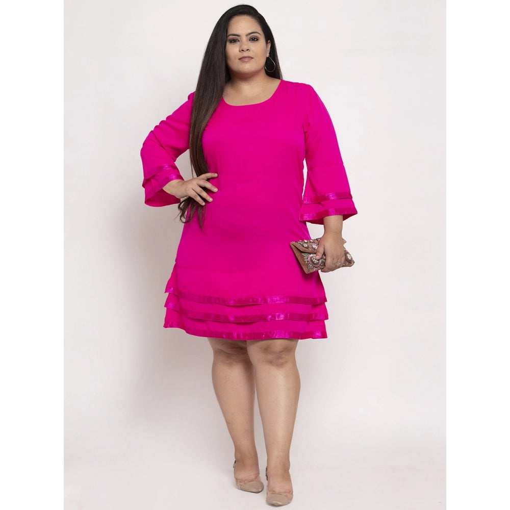 Women's Crepe Solid Knee Length Fit and Flare Dress (Pink)